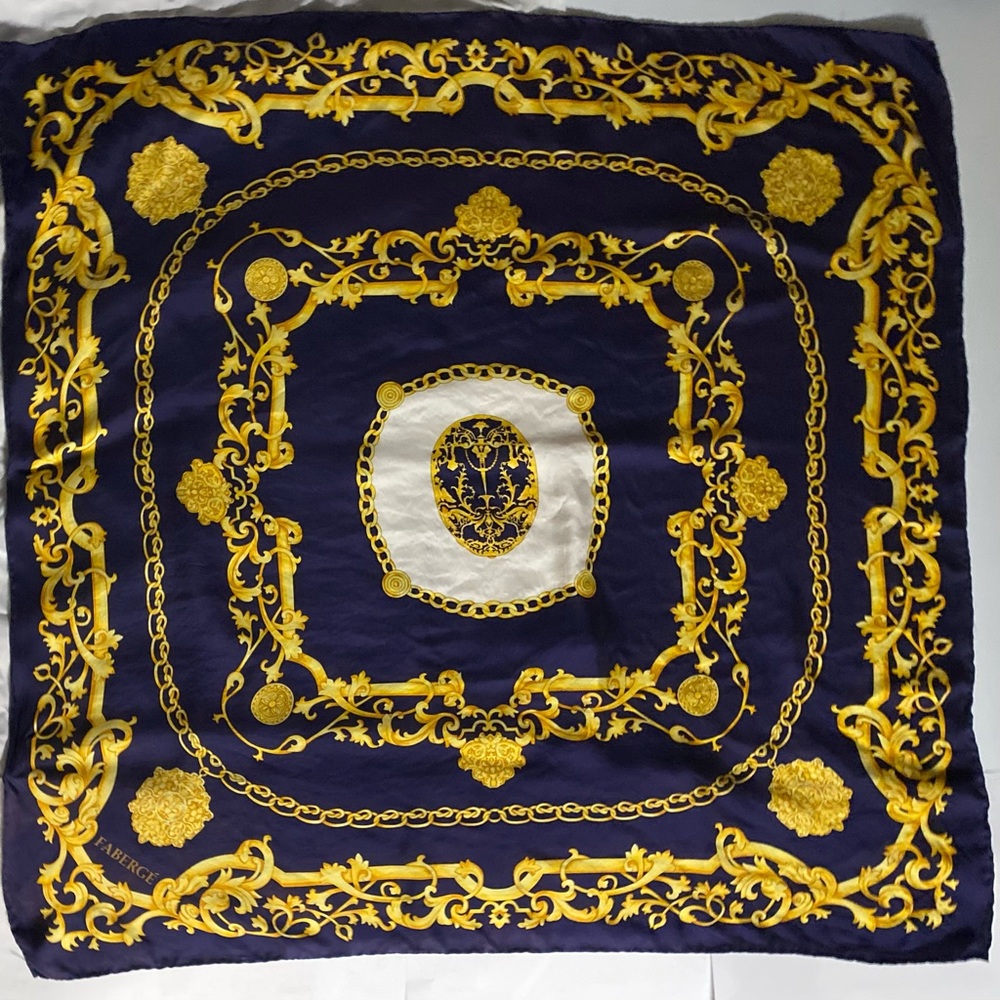 FABERGE Large 100% Silk Scarf 32”x32” Navy Blue & Gold Square Baroque Print